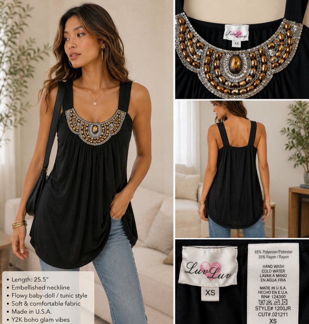 Y2K Resort Boho Luv Luv Embellished Tank Top Size XS Black Beaded Indie Sleaze
